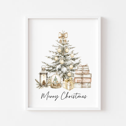 Christmas Print Watercolour Beige white red Xmas Tree Wall Art (unframed)