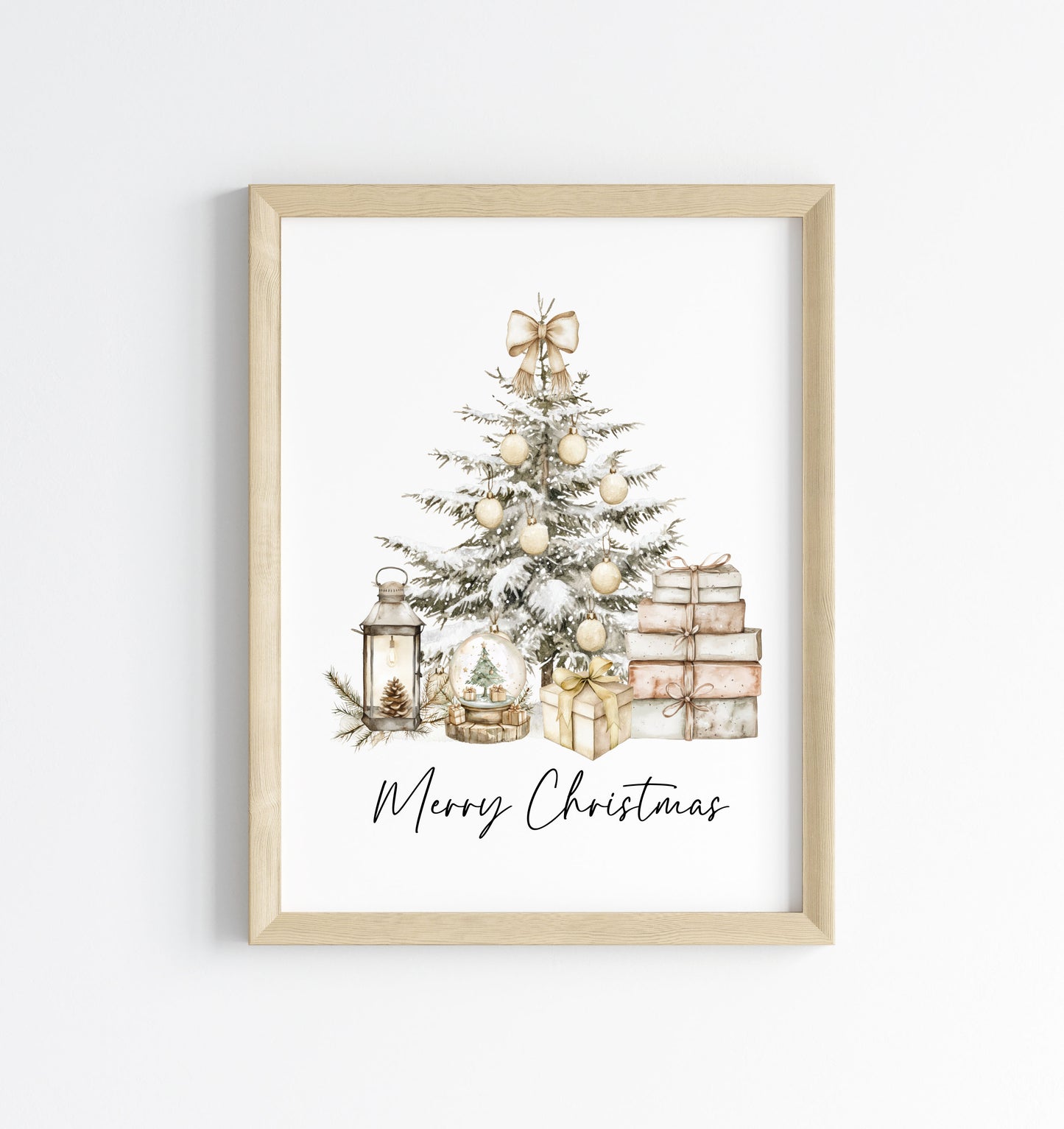 Christmas Print Watercolour Beige white red Xmas Tree Wall Art (unframed)