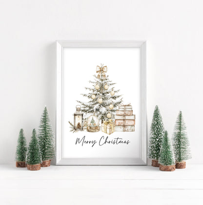 Christmas Print Watercolour Beige white red Xmas Tree Wall Art (unframed)