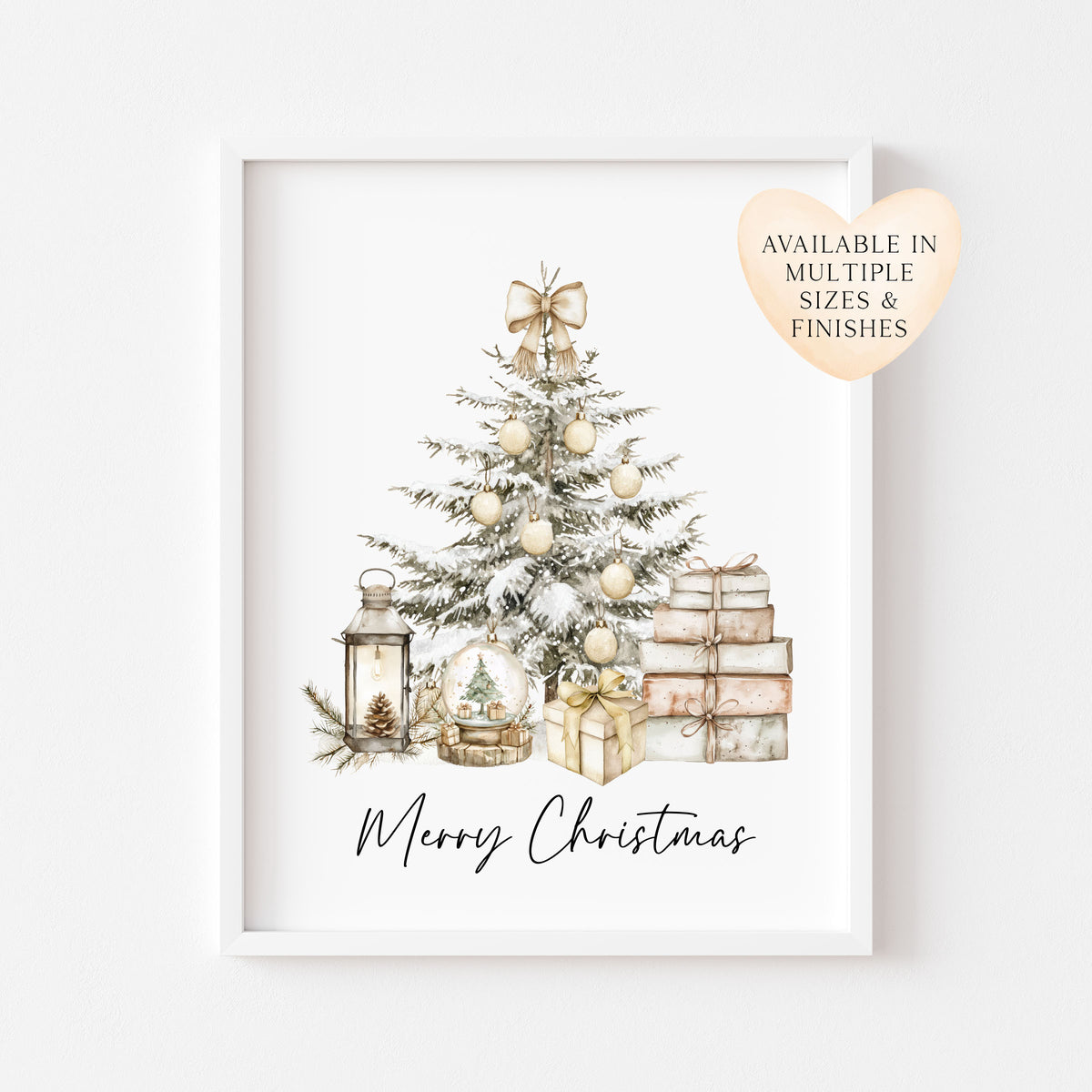 Christmas Print Watercolour Beige white red Xmas Tree Wall Art (unframed)