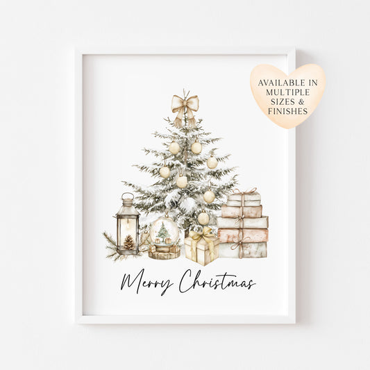 Christmas Print Watercolour Beige white red Xmas Tree Wall Art (unframed)