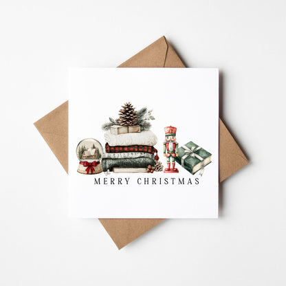 Christmas Card watercolour Merry Christmas red green traditional unique card with envelope