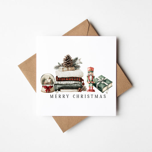 Christmas Card watercolour Merry Christmas red green traditional unique card with envelope