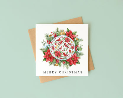 Christmas Card watercolour festive floral bright bauble decoration red & green with envelope
