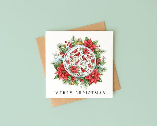 Christmas Card watercolour festive floral bright bauble decoration red & green with envelope
