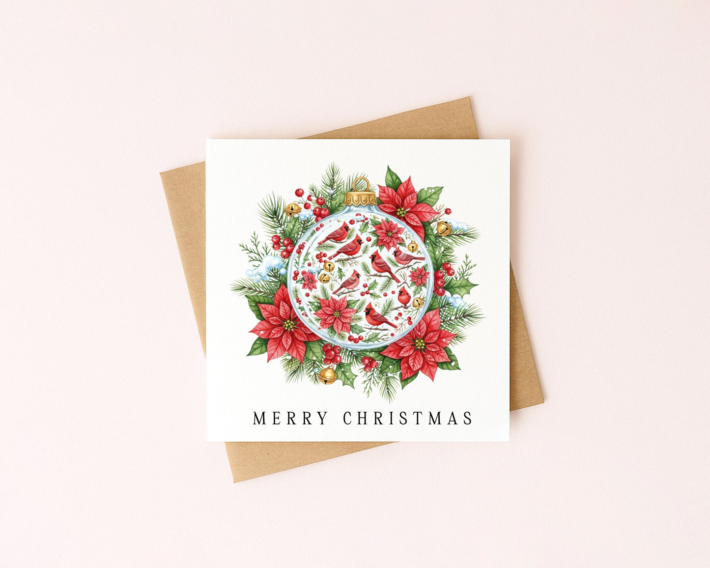 Christmas Card watercolour festive floral bright bauble decoration red & green with envelope