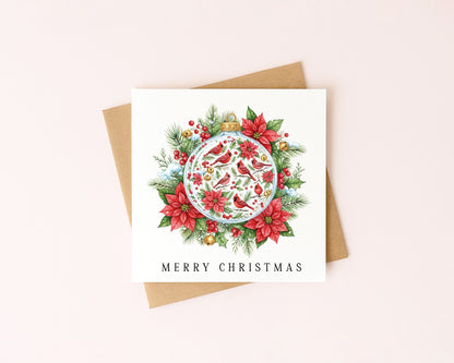 Christmas Card watercolour festive floral bright bauble decoration red & green with envelope