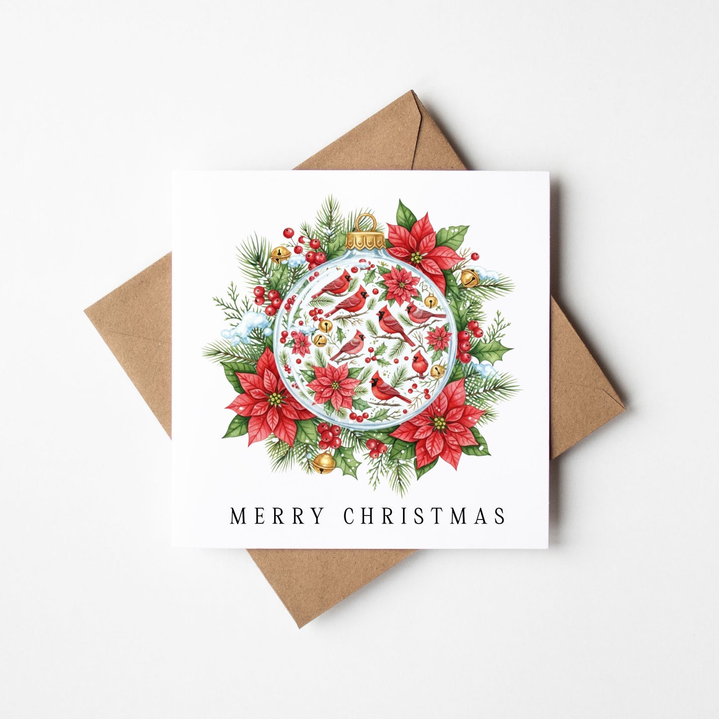 Christmas Card watercolour festive floral bright bauble decoration red & green with envelope