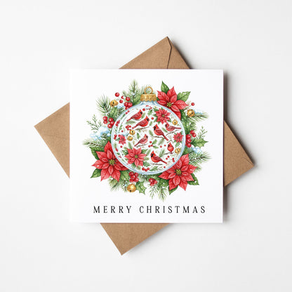 Christmas Card watercolour festive floral bright bauble decoration red & green with envelope