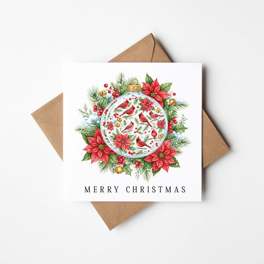 Christmas Card watercolour festive floral bright bauble decoration red & green with envelope