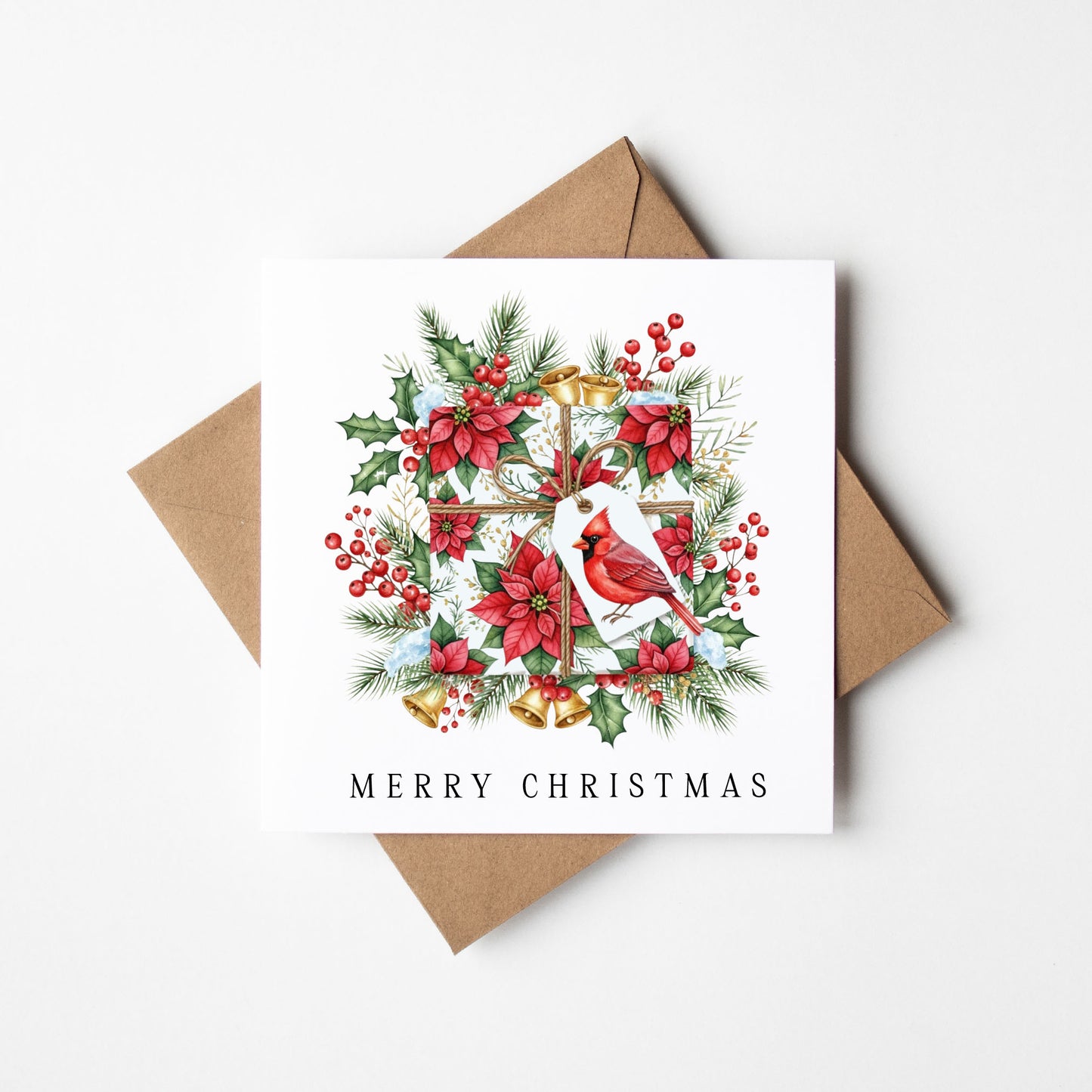 Christmas Card watercolour festive floral bright present decoration red & green with envelope