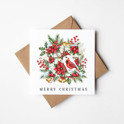 Christmas Card watercolour festive floral bright present decoration red & green with envelope