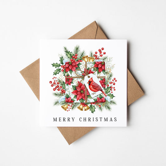 Christmas Card watercolour festive floral bright present decoration red & green with envelope