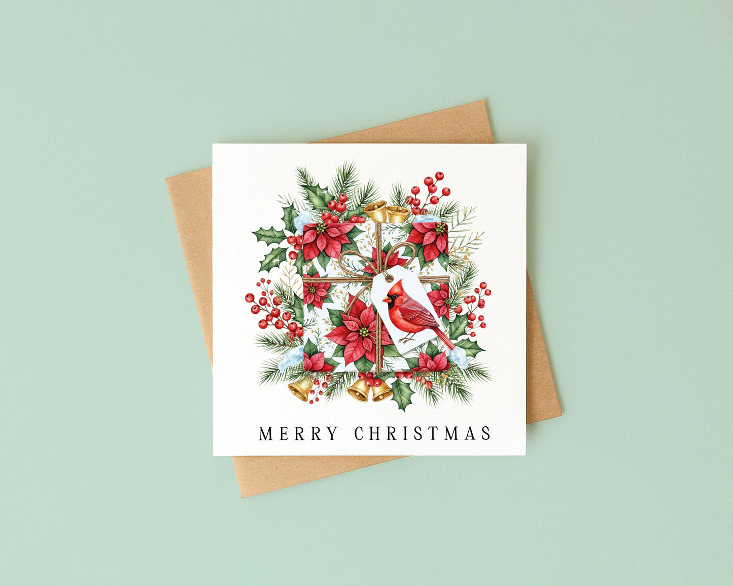 Christmas Card watercolour festive floral bright present decoration red & green with envelope