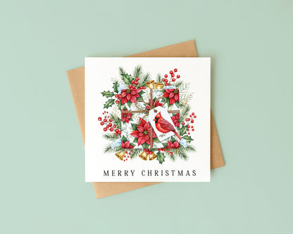 Christmas Card watercolour festive floral bright present decoration red & green with envelope