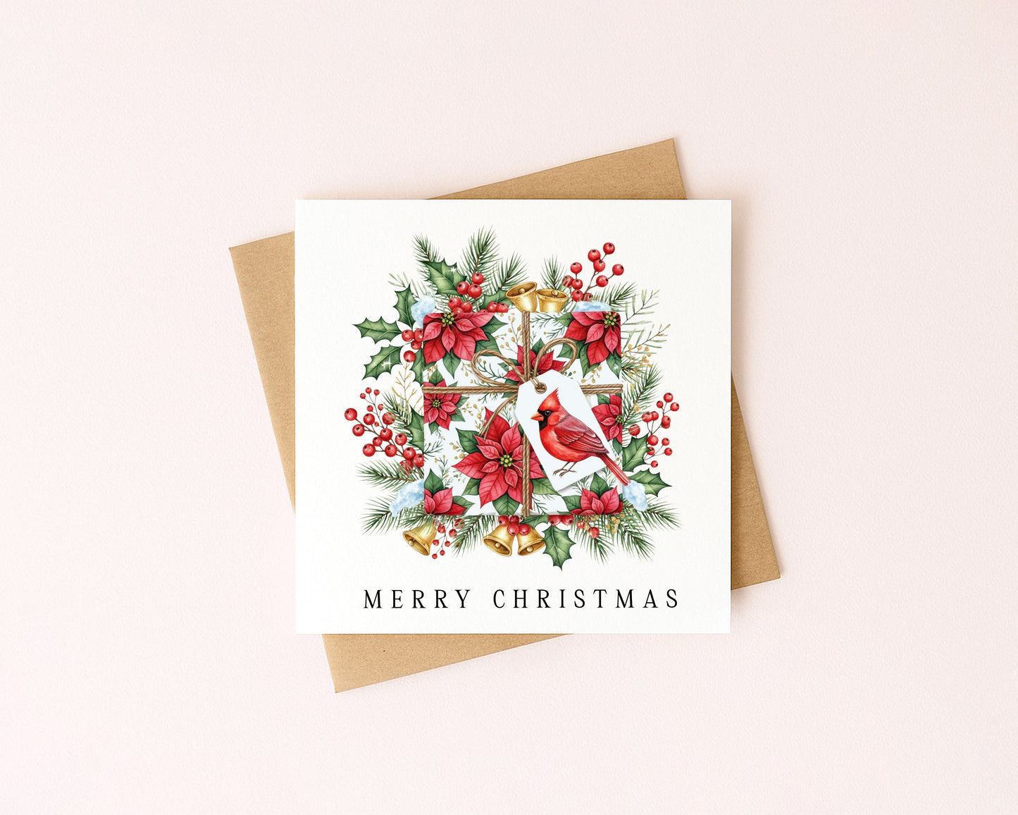 Christmas Card watercolour festive floral bright present decoration red & green with envelope
