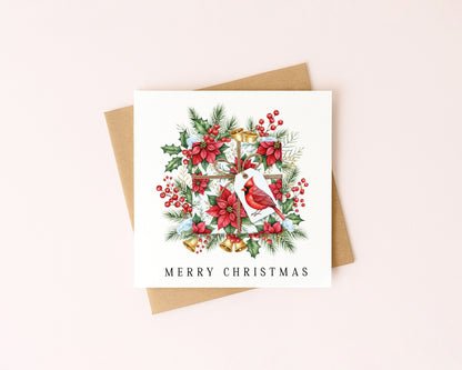 Christmas Card watercolour festive floral bright present decoration red & green with envelope