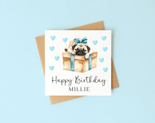 Personalised Pug Birthday card, custom dog pug lover card with envelope
