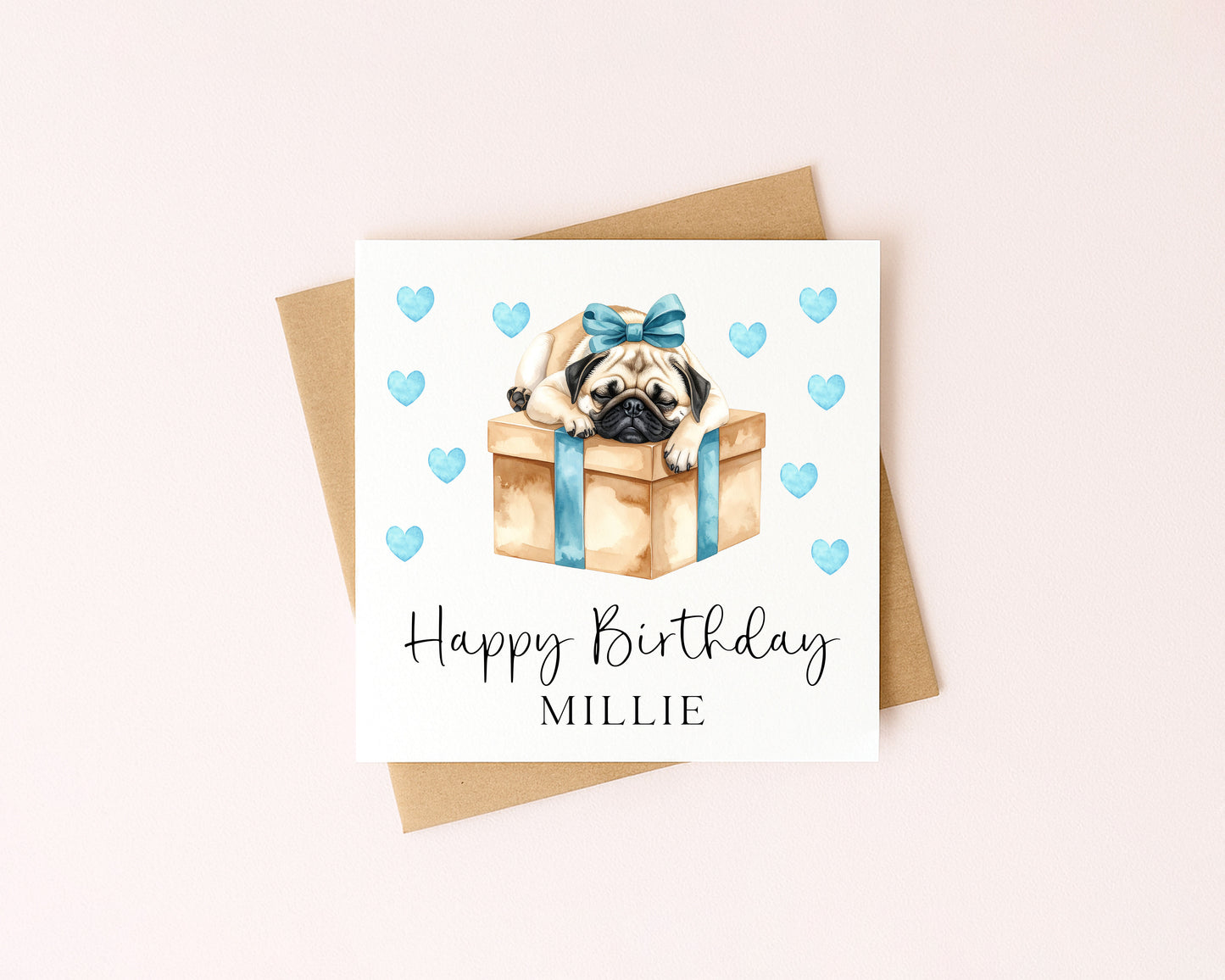 Personalised Pug Birthday card, custom dog pug lover card with envelope