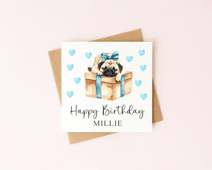 Personalised Pug Birthday card, custom dog pug lover card with envelope