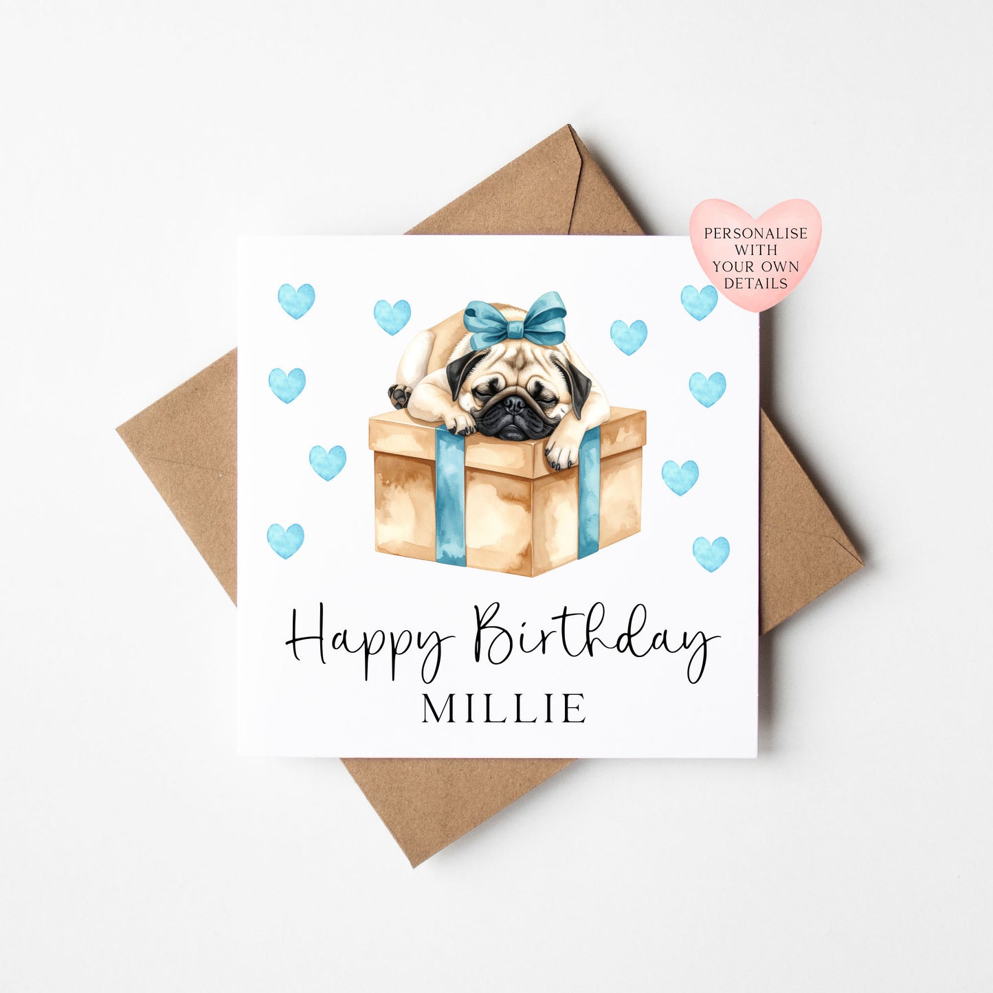Personalised Pug Birthday card, custom dog pug lover card with envelope