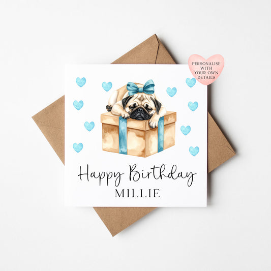Personalised Pug Birthday card, custom dog pug lover card with envelope