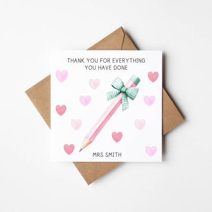 Personalised thank you card pencil mint pink hearts watercolour thank you teacher school nursery mentor assistant card with brown envelope