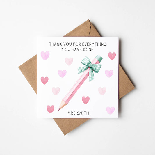 Personalised thank you card pencil mint pink hearts watercolour thank you teacher school nursery mentor assistant card with brown envelope