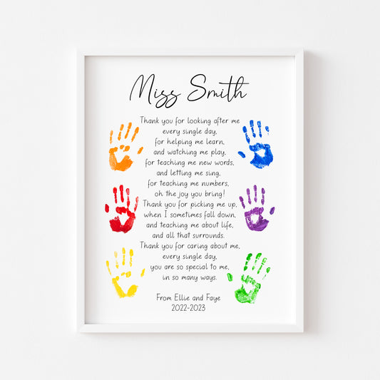 Personalised Thank you nursery, teacher poem watercolour illustration unframed wall art poster print