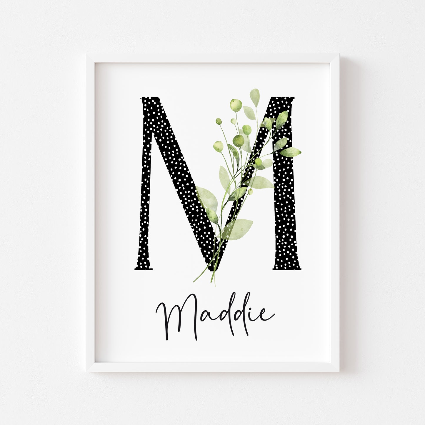 Personalised monochrome spotty initial name botanical greenery bedroom unframed wall art poster prints, gifts for girls, alphabet art prints