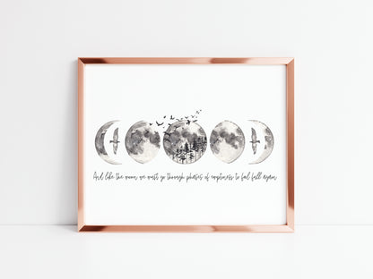 And just like the moon we must go through phases, grey watercolour moon celestial style typography unframed wall art poster print