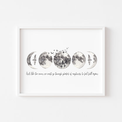 And just like the moon we must go through phases, grey watercolour moon celestial style typography unframed wall art poster print