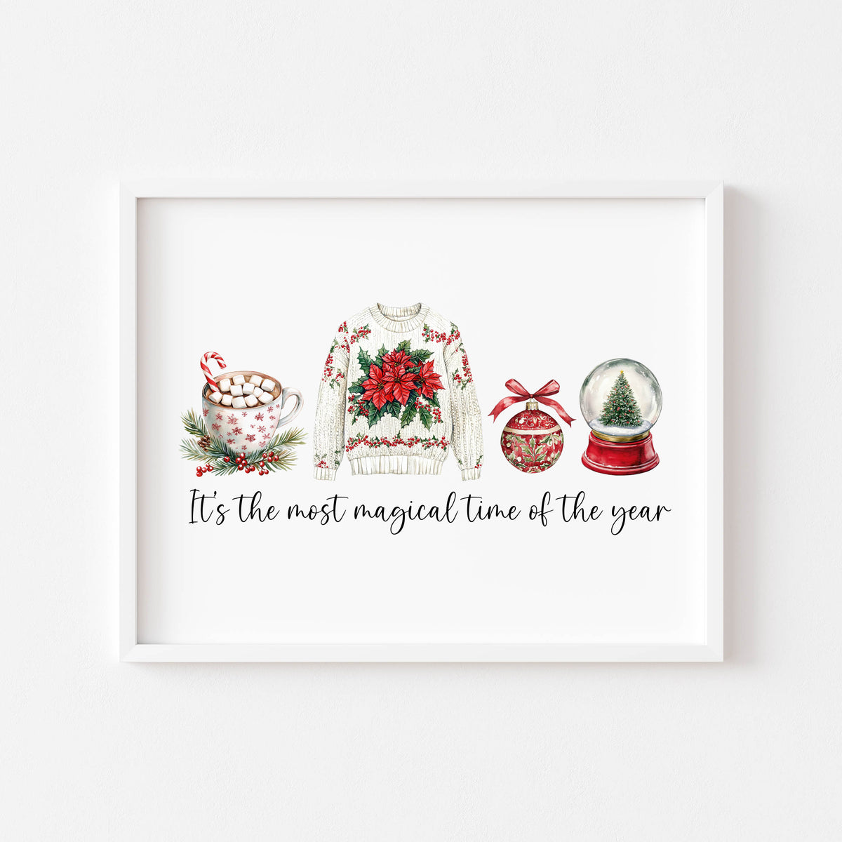 Watercolour Christmas Print Red, Green & white Seasonal Wall Art (unframed)