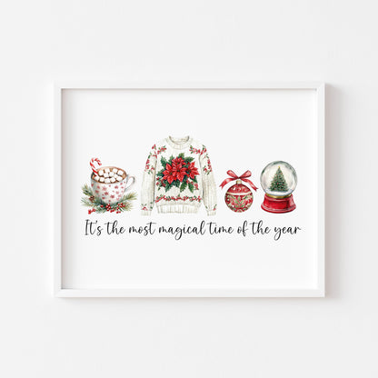 Watercolour Christmas Print Red, Green & white Seasonal Wall Art (unframed)