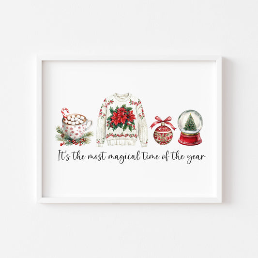 Watercolour Christmas Print Red, Green & white Seasonal Wall Art (unframed)