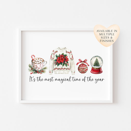 Watercolour Christmas Print Red, Green & white Seasonal Wall Art (unframed)