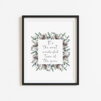 Christmas Print Watercolour winter wreath snowy acorns Seasonal Wall Art (unframed)