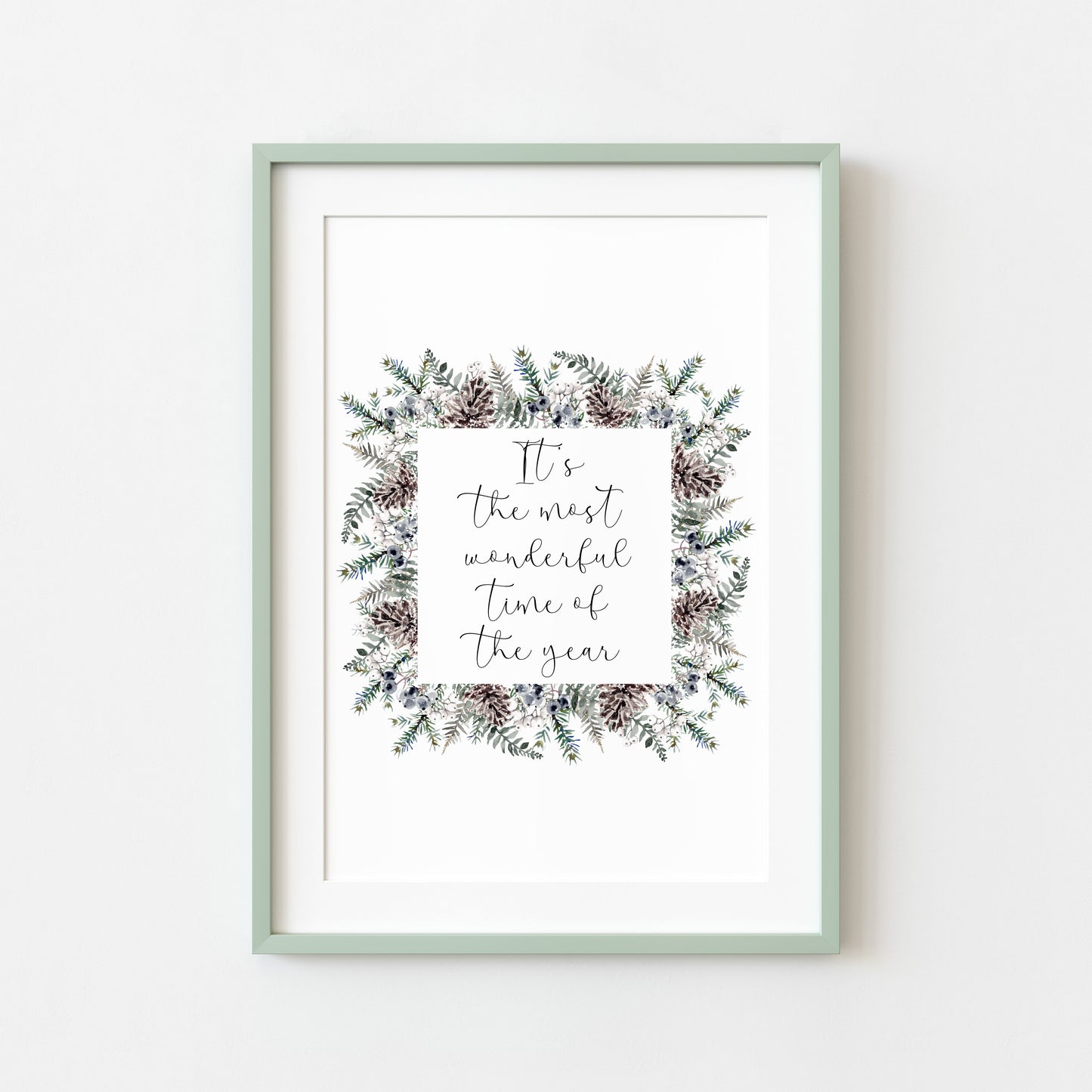 Christmas Print Watercolour winter wreath snowy acorns Seasonal Wall Art (unframed)