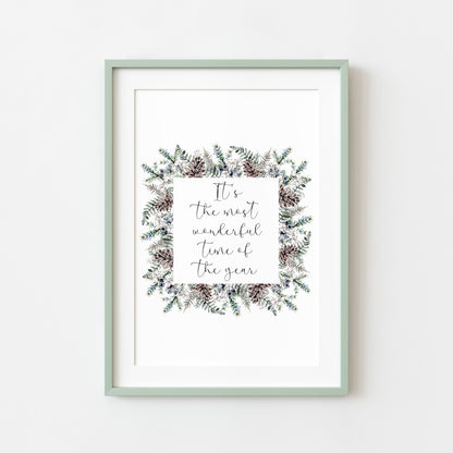 Christmas Print Watercolour winter wreath snowy acorns Seasonal Wall Art (unframed)