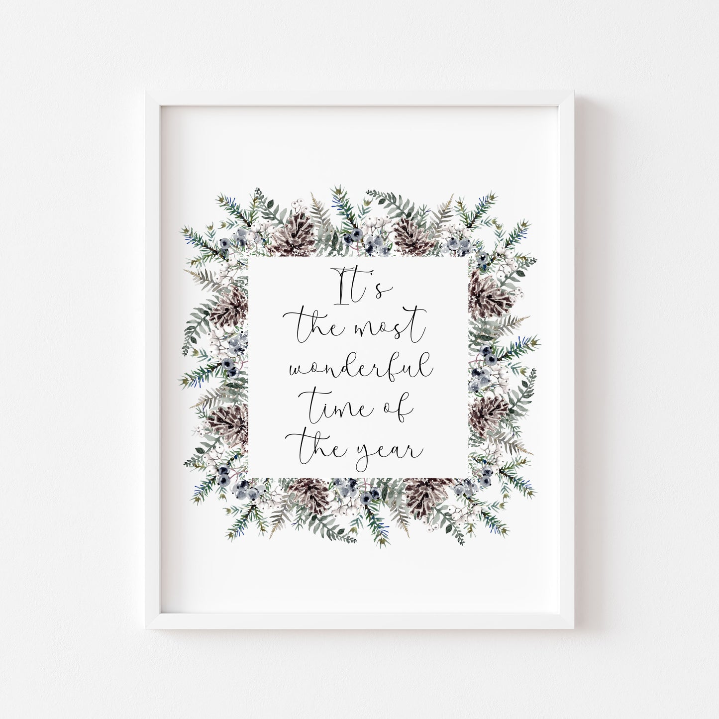 Christmas Print Watercolour winter wreath snowy acorns Seasonal Wall Art (unframed)