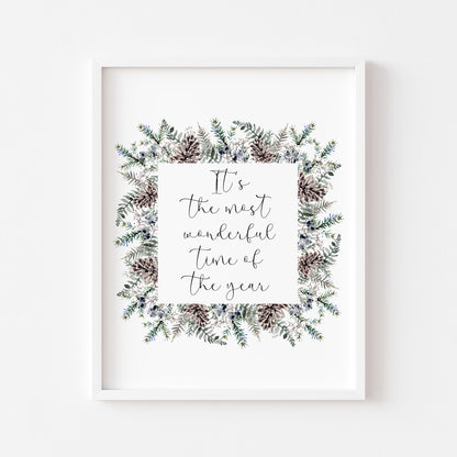 Christmas Print Watercolour winter wreath snowy acorns Seasonal Wall Art (unframed)