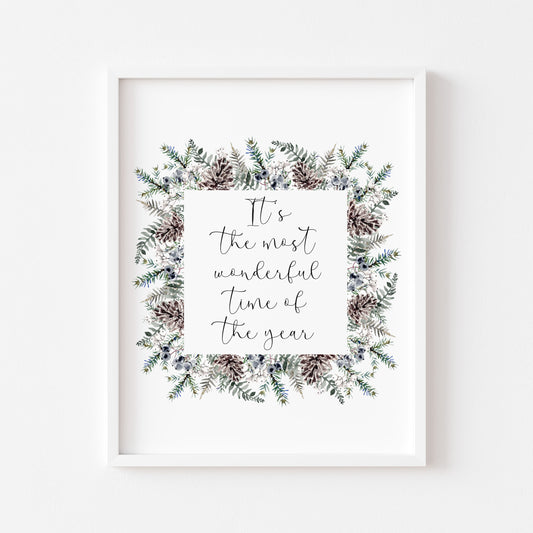 Christmas Print Watercolour winter wreath snowy acorns Seasonal Wall Art (unframed)