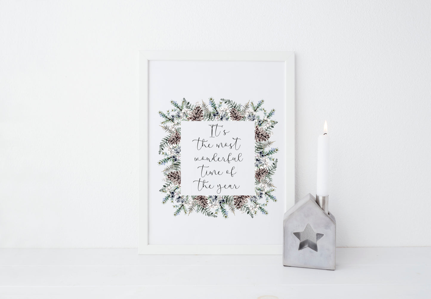 Christmas Print Watercolour winter wreath snowy acorns Seasonal Wall Art (unframed)