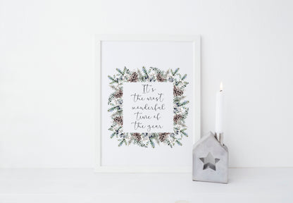 Christmas Print Watercolour winter wreath snowy acorns Seasonal Wall Art (unframed)