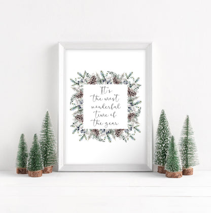 Christmas Print Watercolour winter wreath snowy acorns Seasonal Wall Art (unframed)