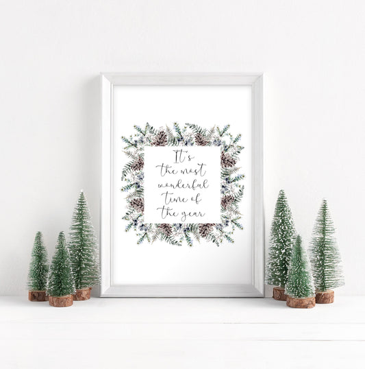Christmas Print Watercolour winter wreath snowy acorns Seasonal Wall Art (unframed)