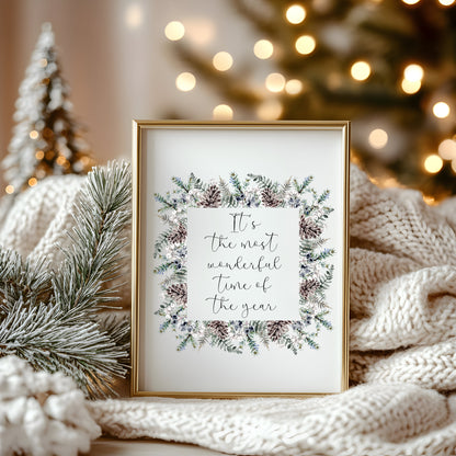 Christmas Print Watercolour winter wreath snowy acorns Seasonal Wall Art (unframed)