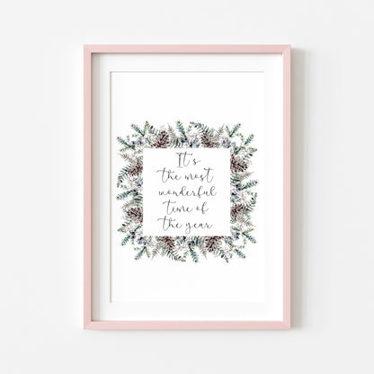 Christmas Print Watercolour winter wreath snowy acorns Seasonal Wall Art (unframed)