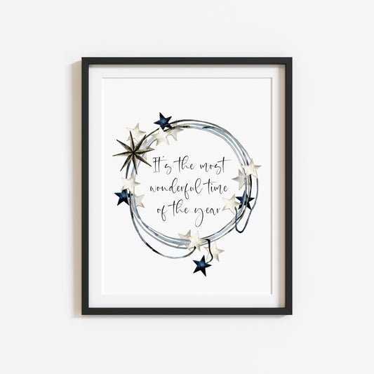It's the most wonderful time of the year dark blue beige star wreath seasonal unframed wall art poster print
