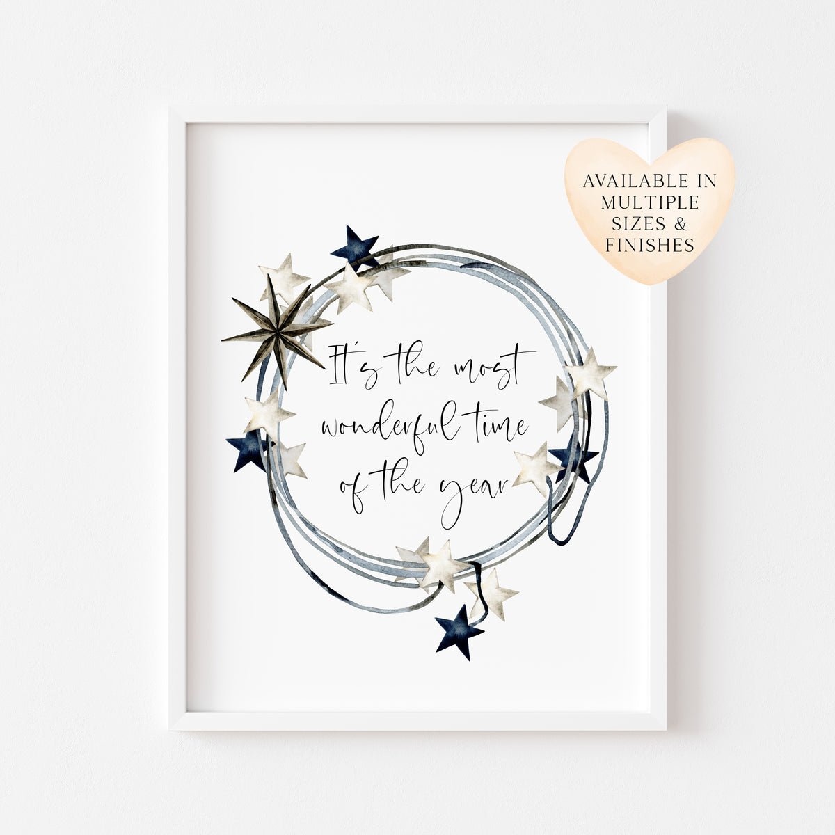 It's the most wonderful time of the year dark blue beige star wreath seasonal unframed wall art poster print